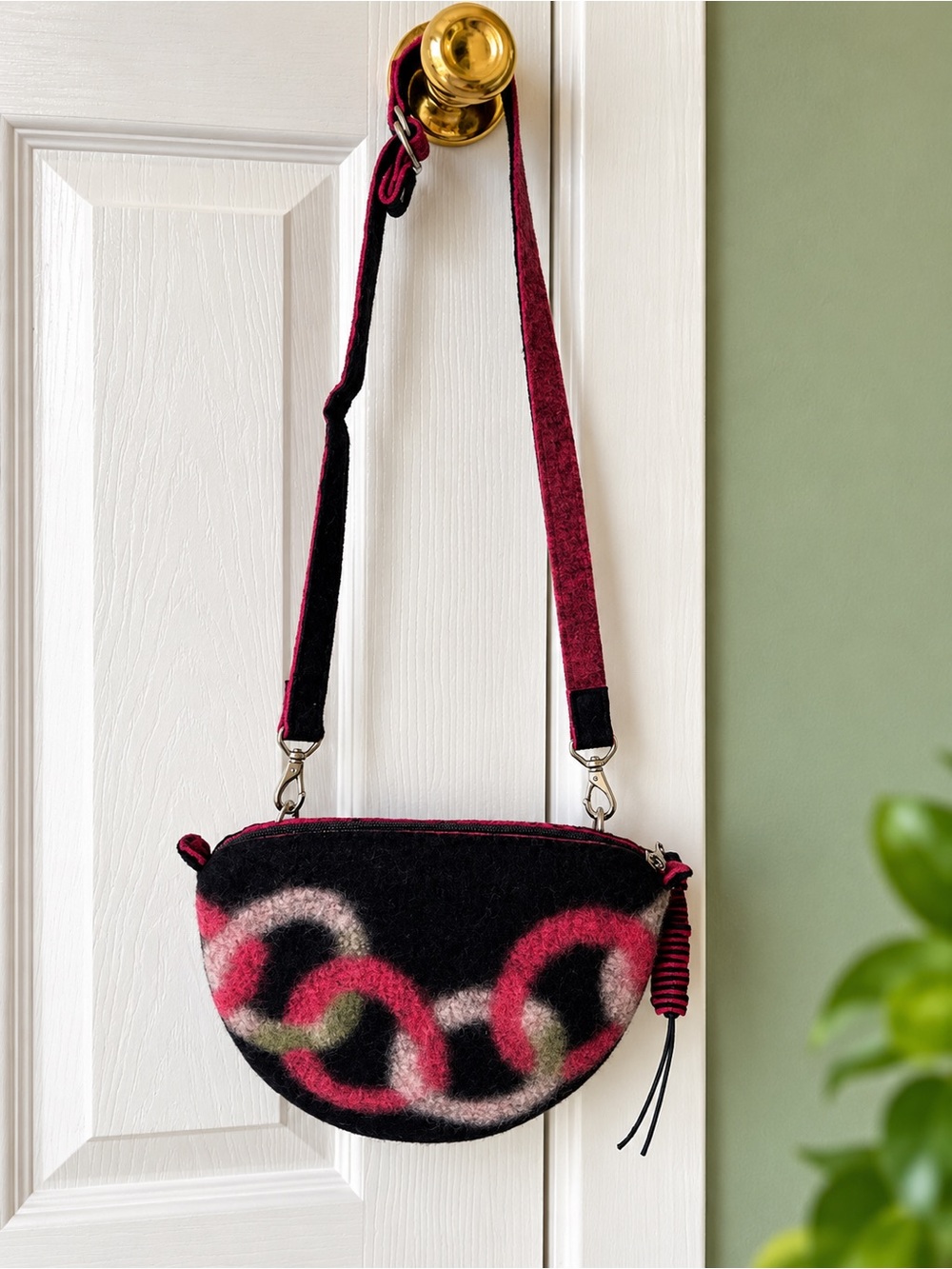 Katirilly Feltworks Felted Wool Crossbody Bag Artisan Boho Black Pink